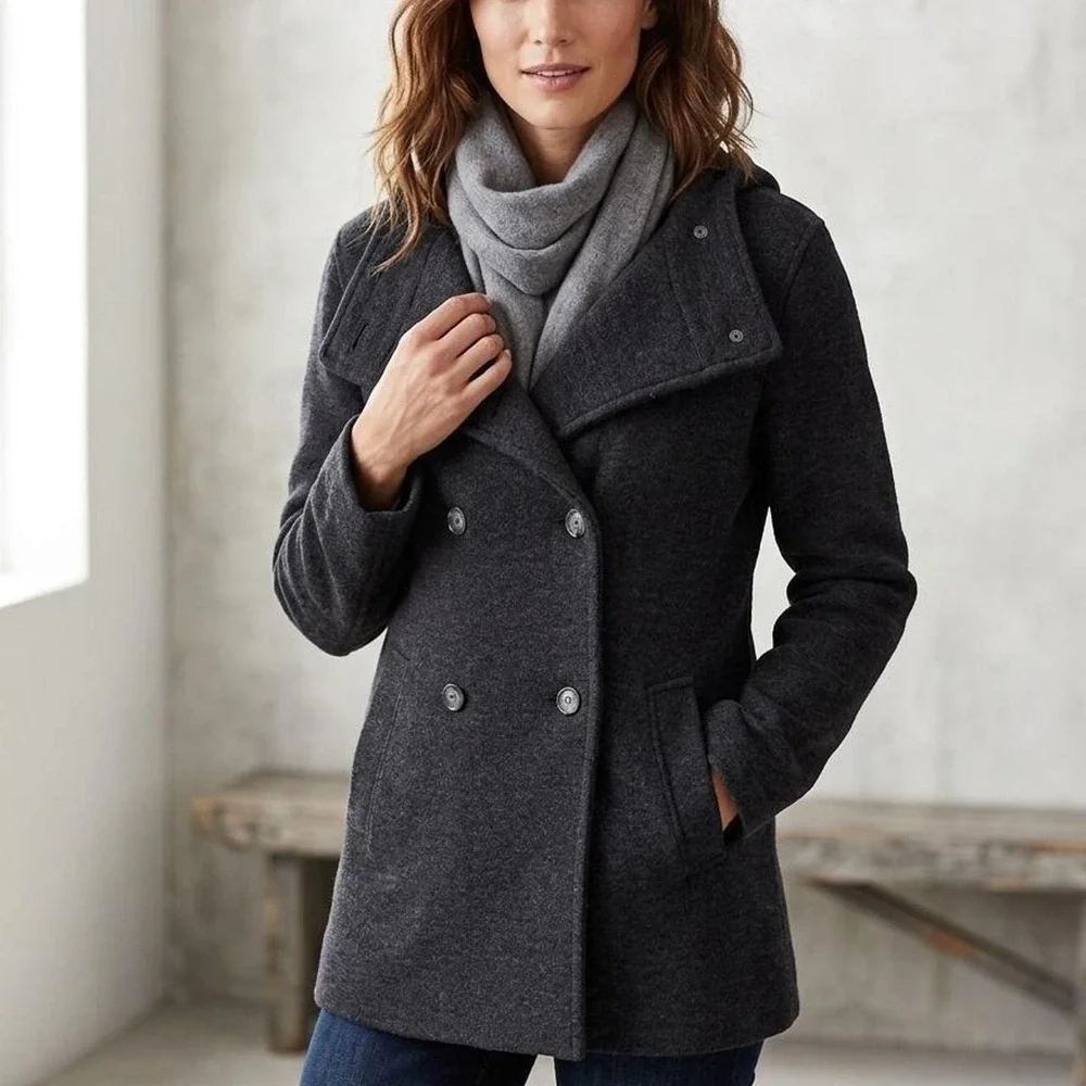 Banana Republic Womens Charcoal Gray Wool Blend Hooded Pea Coat Jacket Italy M